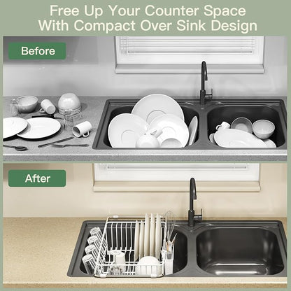 MAJALiS White Dish Drying Rack Over The Sink with Utensil Holder | Expandable Stainless Steel Dish Drainer for Small Kitchen, Apartment, RV, Counter Space Saving, Perfect Fit, Rustproof