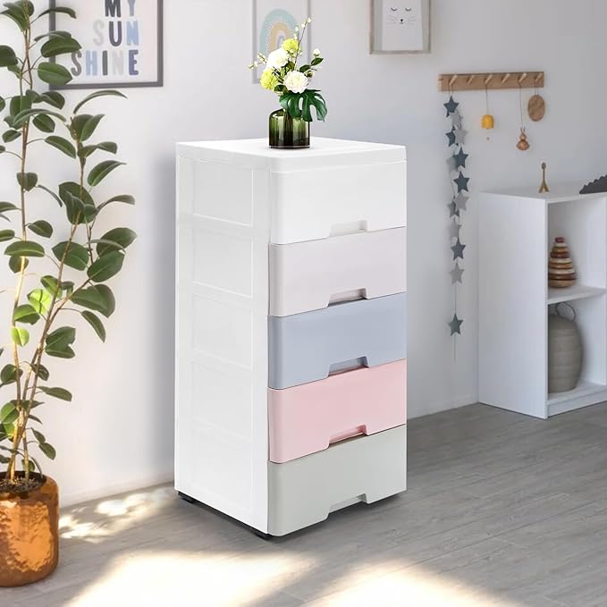 Plastic Dresser for Bedroom with 5 Drawers,Stackable Vertical Storage Tower, Small Dresser Chest of Drawers, Mobile Drawer Storage Cabinet with Wheels for Hallway Entryway,Bedroom Furniture (Macaron)