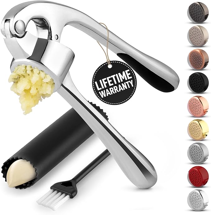 Zulay Kitchen Premium Garlic Press Set - Rust Proof Professional Garlic Mincer Tool - Easy-Squeeze, Easy-Clean with Soft, Ergonomic Handle - Silicone Garlic Peeler & Brush (Chrome)