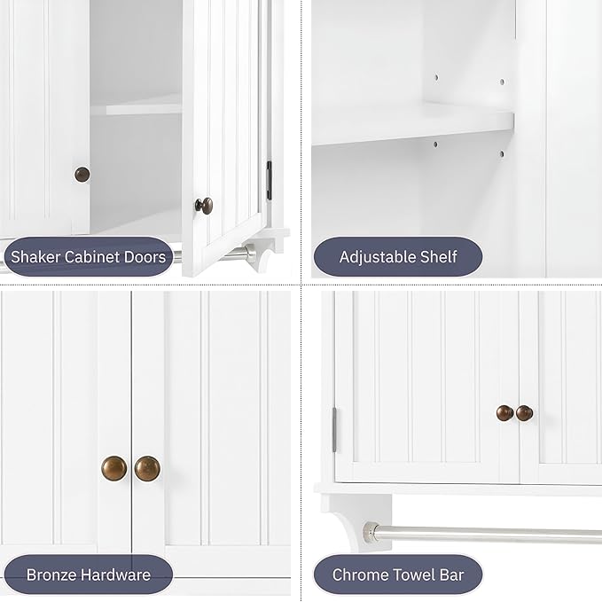 Dover 27” x 29” Wall Mounted Bathroom Storage Cabinet with Shaker Beadboard Doors, Two Adjustable Shelves and a Towel Bar – White Wall Cabinet for Bathroom, Laundry, or Entryway by Alaterre Furniture