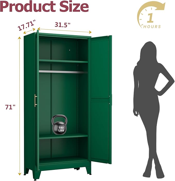 Metal Wardrobe Cabinet with Hanging Rod, 71" Metal Clothing Storage Cabinets with 2 Doors and Adjustable Shelves, Green Armoire Wardrobe Closet for Bedroom, Laundry Room, Cloak Room
