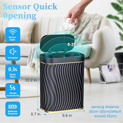 Bathroom Small Trash Can with Automatic Touchless Lid, 2.6 Gallon Smart Garbage Can Narrow Waterproof Trash Bin for Bedroom, Office, Living Room