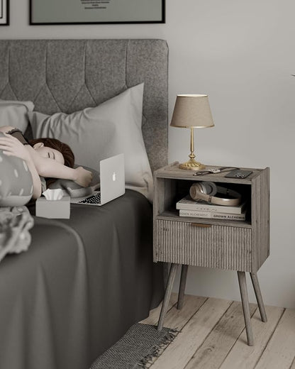 Nightstand,Modern Bedside Table with Storage Drawer and Open Wood Shelf, for Living Room, Bedroom and Small Spaces, Accent Night Stand with Solid Wood Legs, Easy Assembly,Grey Oak