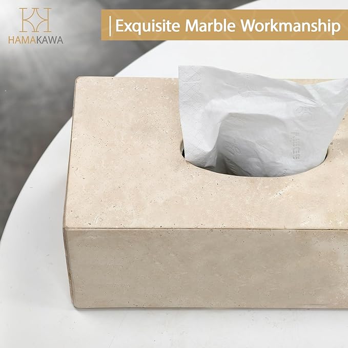 HAMAKAWA Natural Marble Tissue Box Cover, Beige Tissue Organizer L 10 x W 5.5 x H 3.5 Inch, Heavy Stone Decorative Box, Square Tissue Box Holder for Home Decor, Kitchen, Bathroom