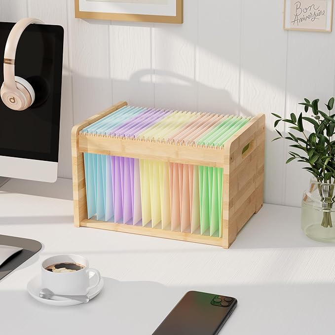 LONTAI Bamboo Hanging File Organizer, Office Desk File Organizer for Letter Size, Wood Hanging File Folders Organizer Record Holder Storage Stand Bookshelf Easy Assembly, Natural
