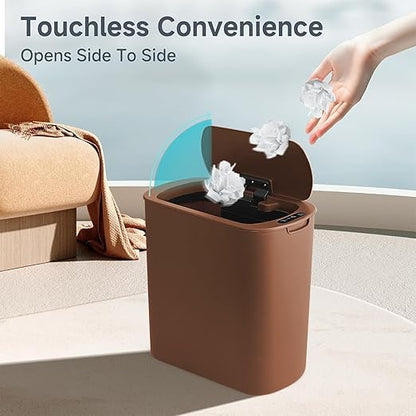 TIPGO 5 Gallon Motion Senor Bathroom Trash Can with Lid, Automatic Garbage Can Touchless, Smart Plastic Waste Basket for Narrow Spaces, Bathroom, Office, Bedroom, Living Room (Brown)