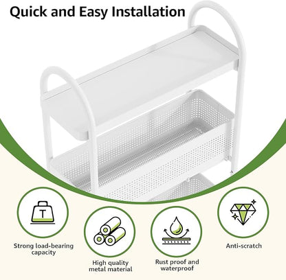 KINGRACK 4-Tier Slim Storage Cart with Pull Out Basket, Rolling Bathroom Organizer Utility, Metal Shelving Unit Slide Out, Lockable Wheels, Easy Assembly for Narrow Place, Kitchen, Laundry Room, White
