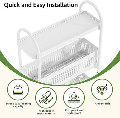 KINGRACK 4-Tier Slim Storage Cart with 3 Pull Out Basket, Rolling Bathroom Organizer Utility, Metal Shelving Unit Slide Out, Lockable Wheels, Easy Assembly for Narrow Place, Kitchen, Office, White