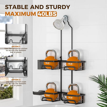 REINHARDT Shower Caddy Hanging for Handheld Showerheads Adjustable Split Shower Caddy, Rustproof Shower Organizer with Hooks for Razors Over the Head Caddy with Soap Holder Bathroom Accessories, Black