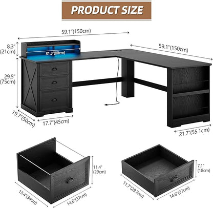 FREDEES L Shaped Desk with Movable Stand and Led Lights, 59 inch Farmhouse Home Office Desk with File Drawer, Corner Computer Desk with Power Outlets, Executive Desk for Working,Gaming, Black