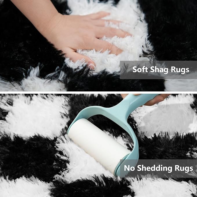 Area Rugs for Bedroom Living Room,5x8 Black and White Fluffy Soft Checkered Rug Fuzzy Shag Shaggy Carpet, Indoor Plush Floor Rugs for Teen Dorm Home Decor