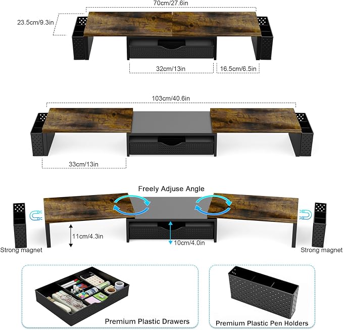 Spacrea Metal Desk Organizers and Accessories, Dual Monitor Stand Riser with Drawer and 2 Pen Holders, Desk Accessories & Workspace Desktop Organizers for Office Supplies (Wood)