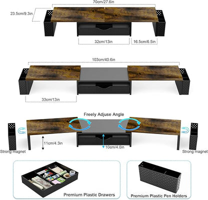 Spacrea Metal Desk Organizers and Accessories, Dual Monitor Stand Riser with Drawer and 2 Pen Holders, Desk Accessories & Workspace Desktop Organizers for Office Supplies (Wood)