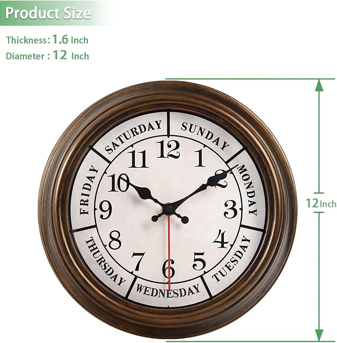 45MinST 12 Inches Retro Wall Clock,Day of The Week Wall Clock,Calendar Day Clock,Silent Non Ticking Battery Operated Movement(Bronze)