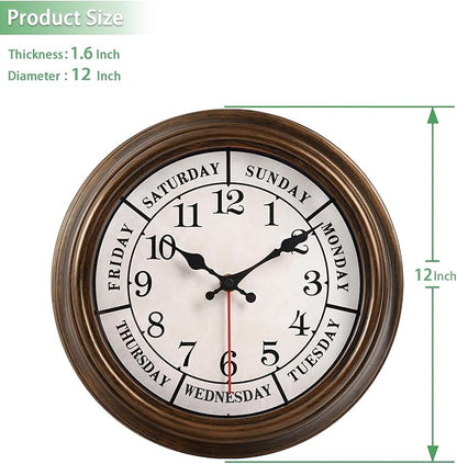 45MinST 12 Inches Retro Wall Clock,Day of The Week Wall Clock,Calendar Day Clock,Silent Non Ticking Battery Operated Movement(Bronze)