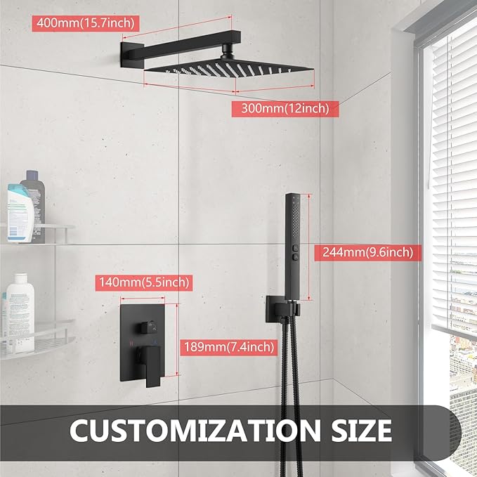 Shower Faucet Set Rainfall Shower System with Square Showerhead and Handle Set Fixture with 2 in 1 Function Handheld Sprayer Wall Mounted Trim Repair Kit Rough-in Valve 12 Inch Matte Black