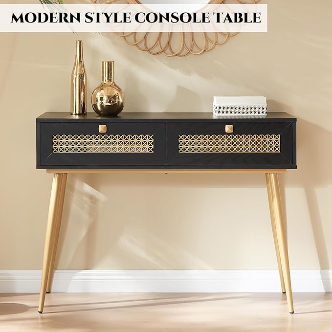 Mid Century Modern Console Table with Drawers, Narrow Sofa Table for Living Room, Entryway and Bedroom, Boho Style, Black