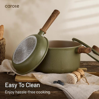 CAROTE 21pcs Ceramic Cookware Set Nonstick Pots and Pans set, Induction Cookware Set Kitchen Cooking Sets, Pot and Pan Non Stick w/Frying pan (PFOS, PFOA Free), Green