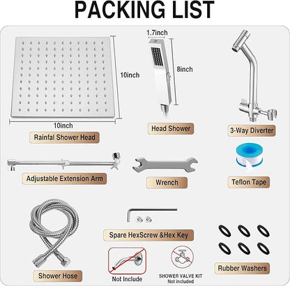 All Metal 10 Inch Rain Shower Head with Handheld Built-in Power Wash Mode, High Pressure Waterfall Rainfall Square Shower Heads with 16" Adjustable Extension Arm, Dual Showerhead(Chrome)