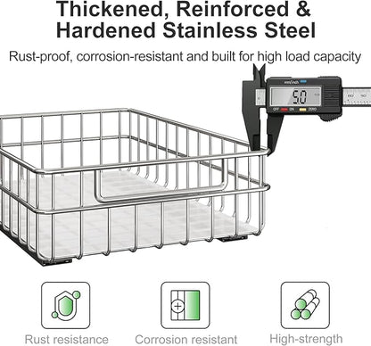 Pull out Cabinet Organizer, Stainless Steel 1-Pack (9.8"W x 16.5"D) Full-Extension Slide out Drawer, Adhesive Roll out Can Spice Storage Basket Shelf Rack for Pantry, Kitchen, Bathroom, Home Closet