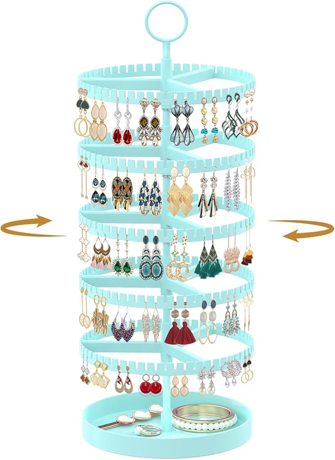 MODOWEY 5 Tier Rotating Earring Holder Organizer Display Tree with Metal Tray, Adjustable Plastic Stand with 285 Slots for Stud Hoop Hanger, Large Capacity Storage Rack for Women Space Saving, Blue