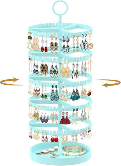 MODOWEY 5 Tier Rotating Earring Holder Organizer Display Tree with Metal Tray, Adjustable Plastic Stand with 285 Slots for Stud Hoop Hanger, Large Capacity Storage Rack for Women Space Saving, Blue
