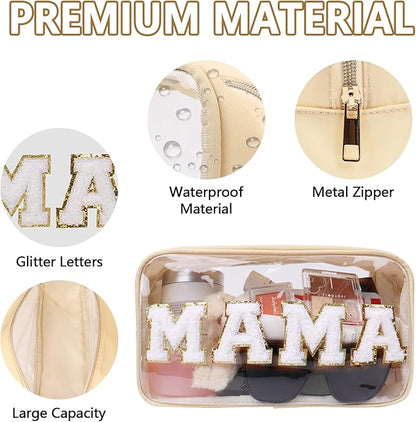 Iqimott Clear Patch Makeup Bag Mama Pouch, Preppy Personalized Chenille Letter Cosmetic Pouch for Travel, Nylon Waterproof Travel Essentials Zipper Toiletry Bags for Women Girls(MAMA, Beige)