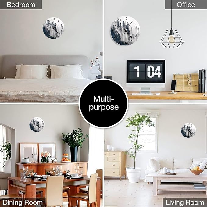 Scenic Nature Wall Clock, Mountain Misty Forest Tree Landscape Foggy Woodland Scenery Round Clocks Wall Decor Silent No Ticking 12 Inch Wooden Clock for Bedroom Living Room Home Office