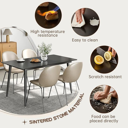 Dining Table, Sintered Stone Kitchen Table, 55'' Black Modern Rectangular Slate Patio Table with Metal Legs, Indoor Outdoor Stone Dining Table for Patio, Backyard, Scratch and Heat Resistant