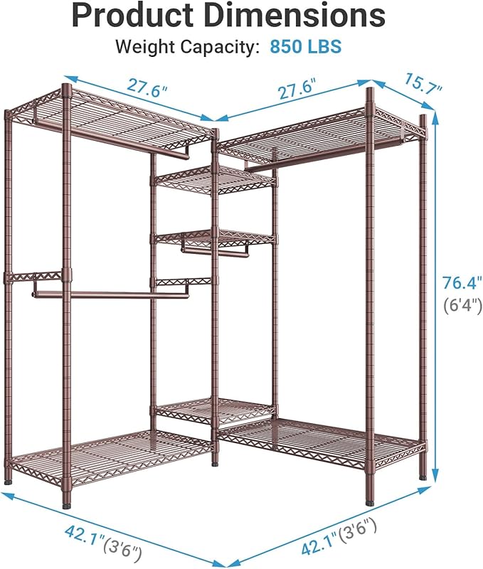 VIPEK L6 L Shaped Clothes Rack for Corner, Heavy Duty Clothing Rack 5-Tier Wire Garment Rack Freestanding Closet with 7 Adjustable Shelves & 4 Hanging Rods, Max Load 850LBS, Bronze
