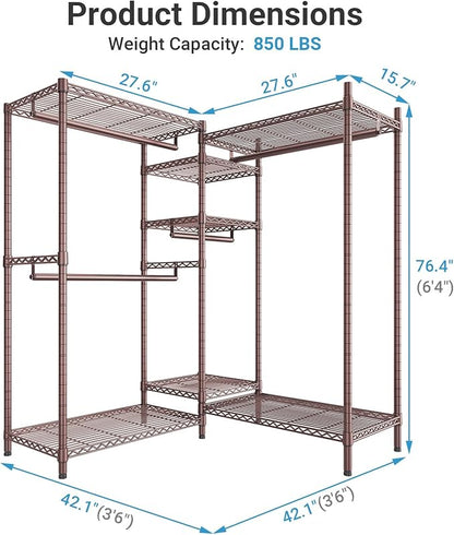VIPEK L6 L Shaped Clothes Rack for Corner, Heavy Duty Clothing Rack 5-Tier Wire Garment Rack Freestanding Closet with 7 Adjustable Shelves & 4 Hanging Rods, Max Load 850LBS, Bronze