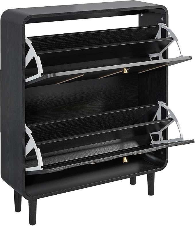 Narrow Shoe Storage Cabinet for Entryway with 2 Flip Drawers, Curved Shoe Cabinet with Arched Stripe Panel, Freestanding Hidden Shoe Organizer Closed for Foyer, Hallway (Black, 31.5 inches)