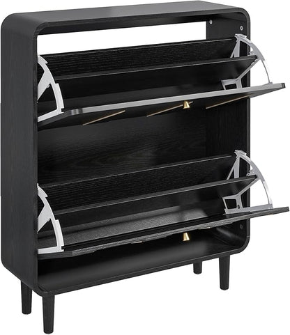Narrow Shoe Storage Cabinet for Entryway with 2 Flip Drawers, Curved Shoe Cabinet with Arched Stripe Panel, Freestanding Hidden Shoe Organizer Closed for Foyer, Hallway (Black, 31.5 inches)