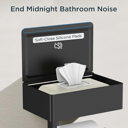FORIOUS Toilet Paper Holder with Shelf, Sanitary Napkin Receptacle Tampon Holder, Wall Mount Toilet Paper Holder with Storage, Flushable Wipes Dispenser Fits for Bathroom Commercial(1, Matte Black)