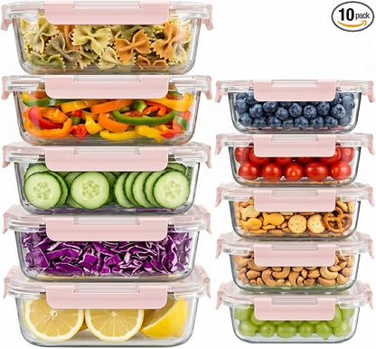 Dealusy 10 Sets (20-Piece) 4.5 Cup & 1.5 Cup Glass Food Storage Containers with lids, Airtight Leak-proof Glass Meal Prep Containers with Lids, Microwave Oven Freezer Dishwasher Safe, Pink