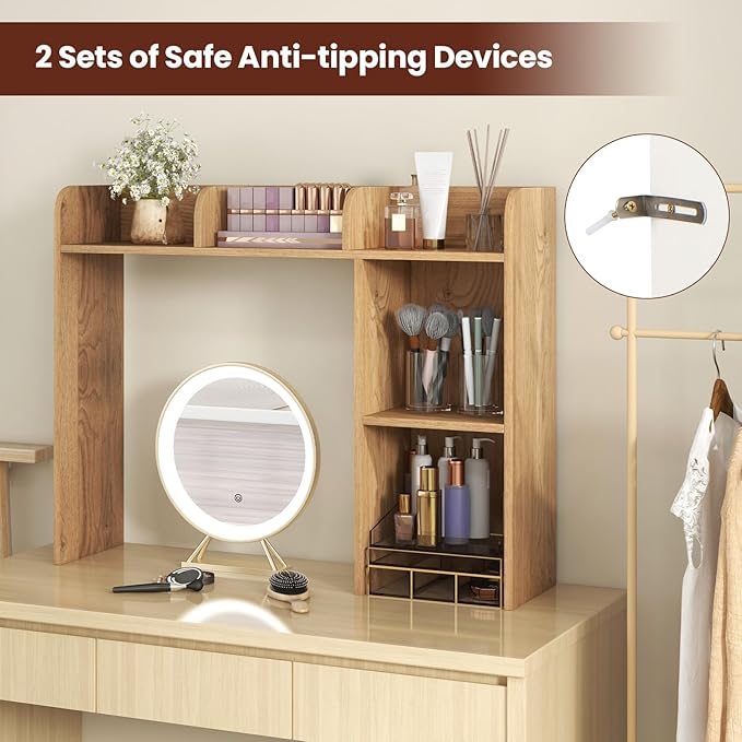 Desk Hutch, Desktop Shelf with 5 Shelves, Desk Bookshelf w/Anti-Toppling Devices, Wood Table Top Bookshelf Organizer, Small Desk Shelf for Study, Office, Dorm (Natural, 5 Shelves)