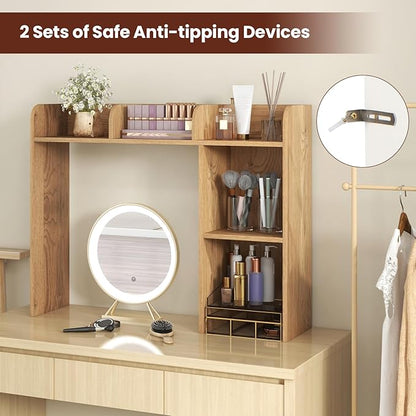 Desk Hutch, Desktop Shelf with 5 Shelves, Desk Bookshelf w/Anti-Toppling Devices, Wood Table Top Bookshelf Organizer, Small Desk Shelf for Study, Office, Dorm (Natural, 5 Shelves)
