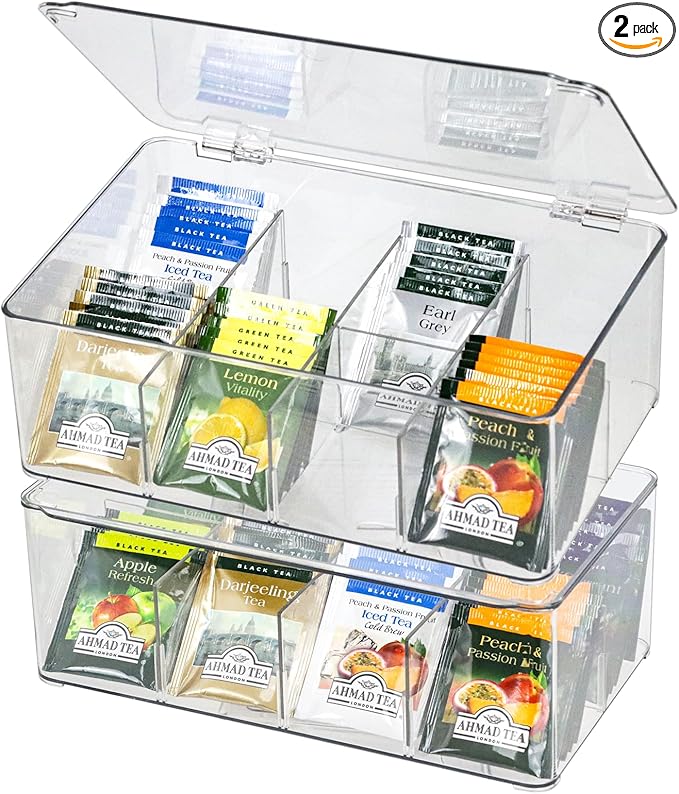 ZEXALOR Plastic Clear Storage Containers, Set of 2 Tea Bag Organizer Boxes 8 Compartments with Lids, Underwear Tie Drawer Organizer, Dresser Organizer (10.8×7×3.7")