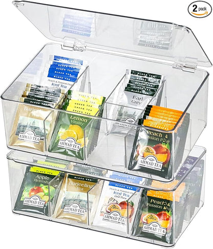 ZEXALOR Plastic Clear Storage Containers, Set of 2 Tea Bag Organizer Boxes 8 Compartments with Lids, Underwear Tie Drawer Organizer, Dresser Organizer (10.8×7×3.7")