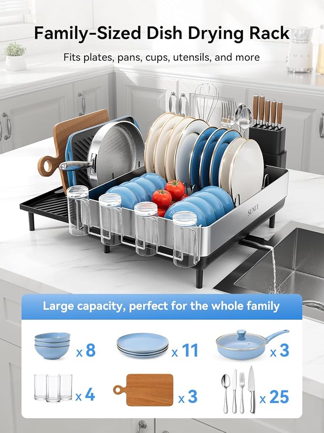 SUNLY Large Dish Drying Rack, Expandable Dish Rack for Kitchen Counter, 304 Stainless Steel Space Saving Dish Drainer with Multifunctional Flip Up Pegs