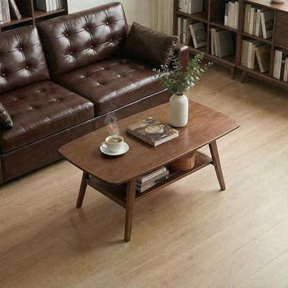 100% Solid Wood Coffee Table with Storage Shelf, 2-Tier Wooden Center Table for Living Room, Farmhouse Rustic Rectangle Table, Easy Assembly, 39.37inch