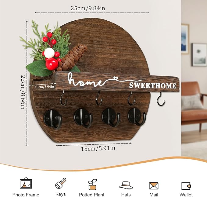 Key Holder for Wall, Key and Mail Holder Organizer - Key Holder Wall Mount with Bouquet Shelf and Key Hooks, Round Wooden Rustic Key Rack for Entryway and Home Decor (Brown)