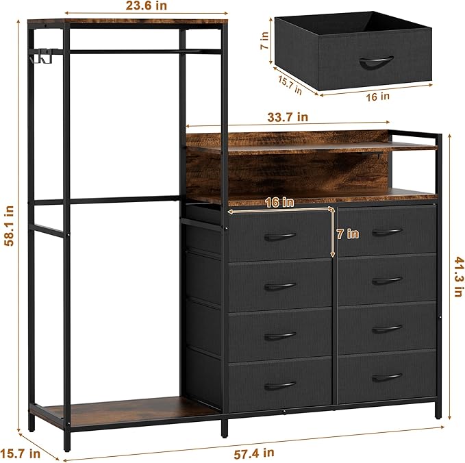 58" H Dresser for Bedroom with Hanging Rack,8 Drawers Freestanding Clothing Rack, Large Capacity Storage Organizer with USB Charging Station & LED Lights for Bedroom Dorm Room Apartment,Grey