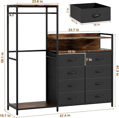 58" H Dresser for Bedroom with Hanging Rack,8 Drawers Freestanding Clothing Rack, Large Capacity Storage Organizer with USB Charging Station & LED Lights for Bedroom Dorm Room Apartment,Grey