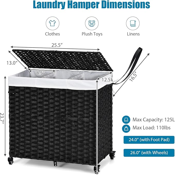 GOFLAME Laundry Hamper with Lid and Wheels, 125L Hand Woven Rattan Laundry Basket with 3 Divided Sections, Handles, 2 Removable and Washable Liner Bags, Dirty Clothes Hamper for Bedroom (Black)