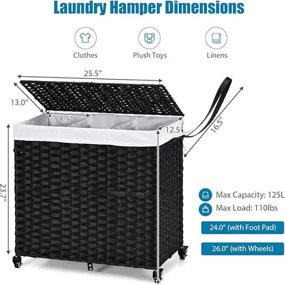 GOFLAME Laundry Hamper with Lid and Wheels, 125L Hand Woven Rattan Laundry Basket with 3 Divided Sections, Handles, 2 Removable and Washable Liner Bags, Dirty Clothes Hamper for Bedroom (Black)