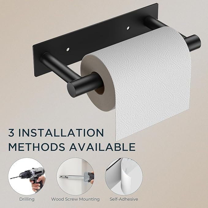 FORIOUS Black Toilet Paper Holder, Adhesive or Wall Mounted Options, Stainless Steel Rustproof Stick on no Drilling Double Post Pivoting Toilet Tissue Roll Holder Wall Mount for Bathroom, Matte Black
