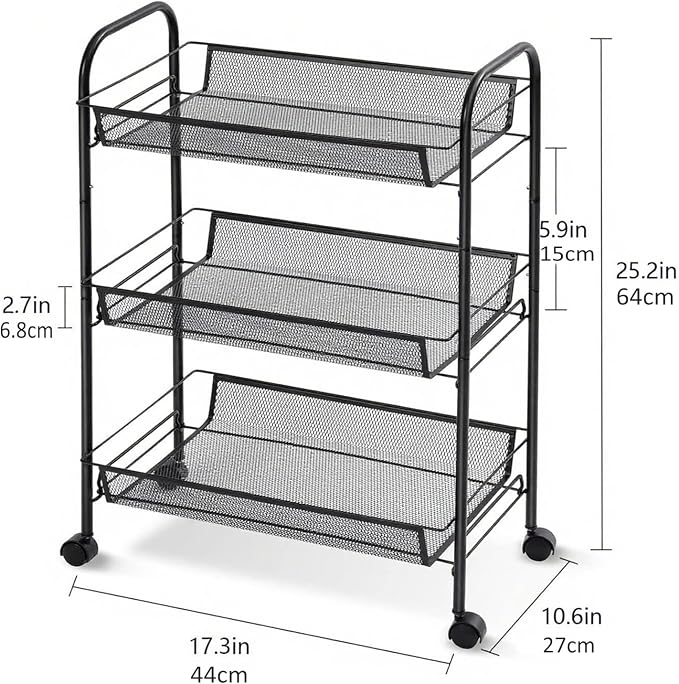 3 Tier Metal Rolling Cart with Wheels, Wire Bathroom Organizer Storage Shelves with Hooks, Utility Cart for Kitchen Laundry Room, Black
