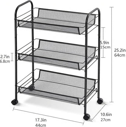 3 Tier Metal Rolling Cart with Wheels, Wire Bathroom Organizer Storage Shelves with Hooks, Utility Cart for Kitchen Laundry Room, Black