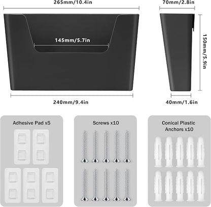 JOMOLA No Drilling File Holder 5 Pack Mail Organizer Wall Mount File Organizer Holder Office Wall Hanging Files Magazines Organizer Plastic Door Mount Wall Pocket with Adhesive Pad, Black Color